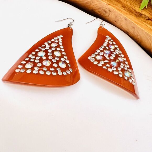 Huge Vintage Lucite Earrings Amber Tone AB Aurora Borealis Rhinestone 1414 - Picture 8 of 15